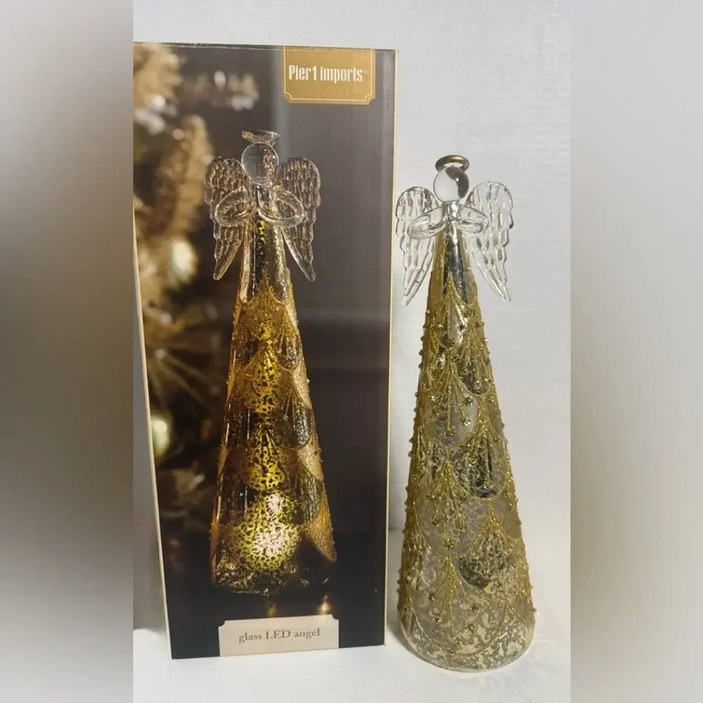 Pier 1 Gold Glass light up Angel Figurine 12” tall
